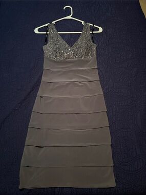 B Darlin Silver-Gray Sequin V-Neck Midi Dress